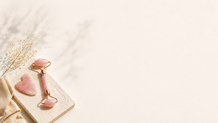 Rose quartz gua sha and facial roller resting on a stone slab